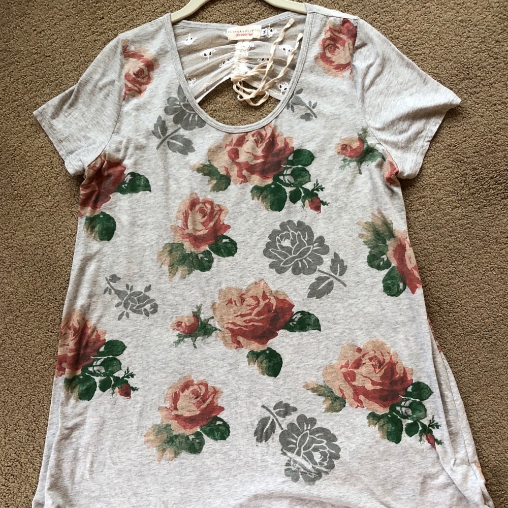 Johnny Was lace cut out back flowered tee